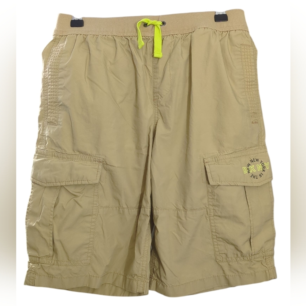 DKNY Men's Beige Cargo Shorts with Neon Accents L 14/16